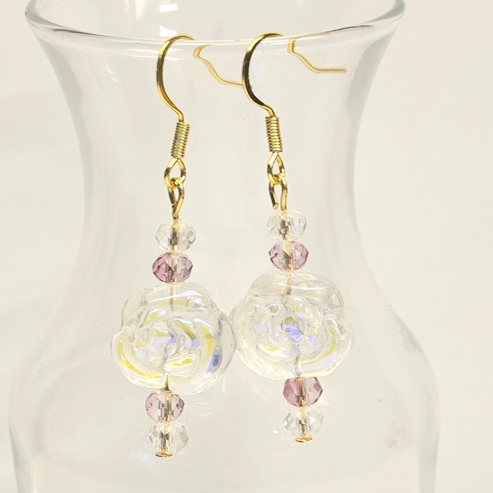 Handmade Irredescent Glass Flower Beaded Earrings